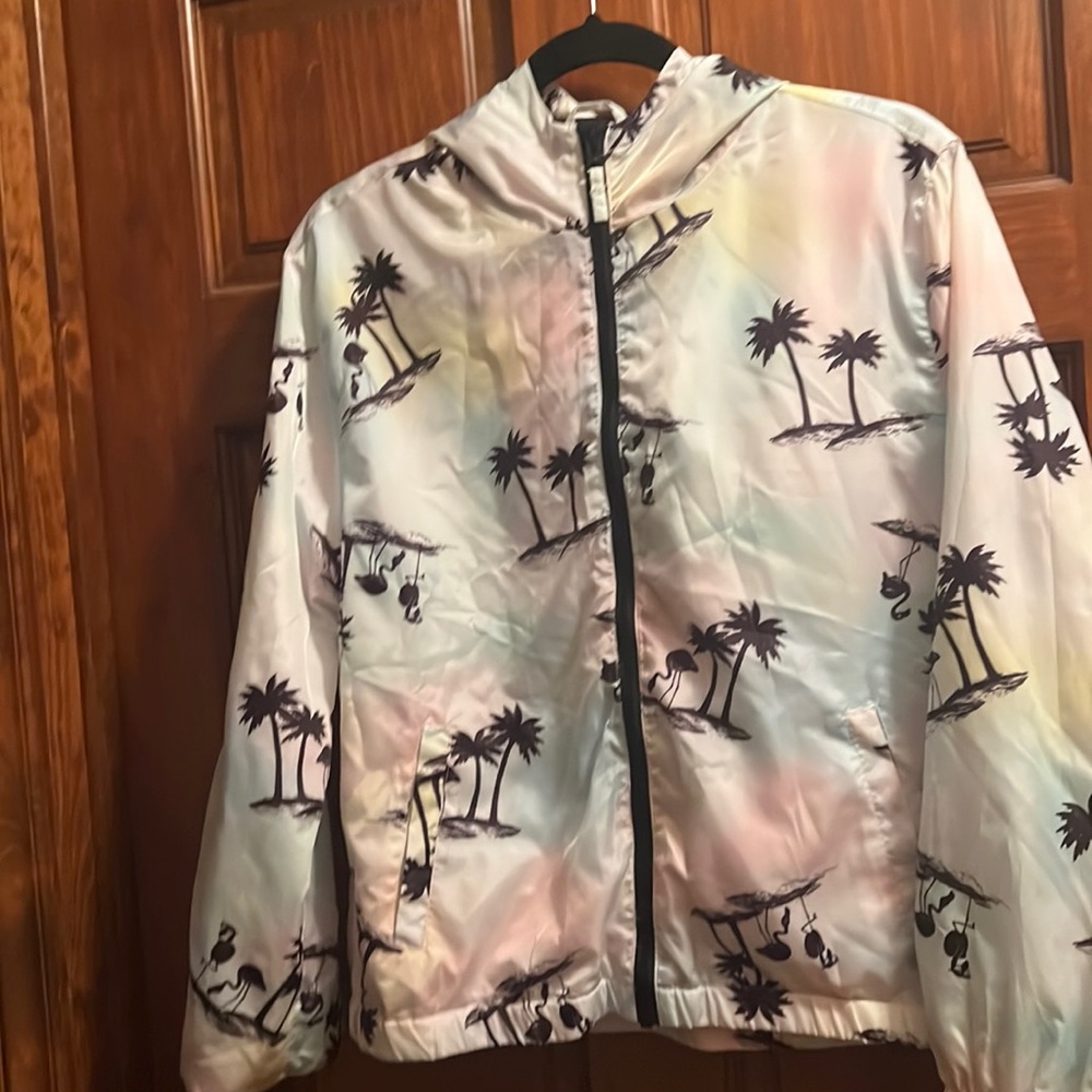 Blue pink white black yellow rain jacket brand justice size 20 plus